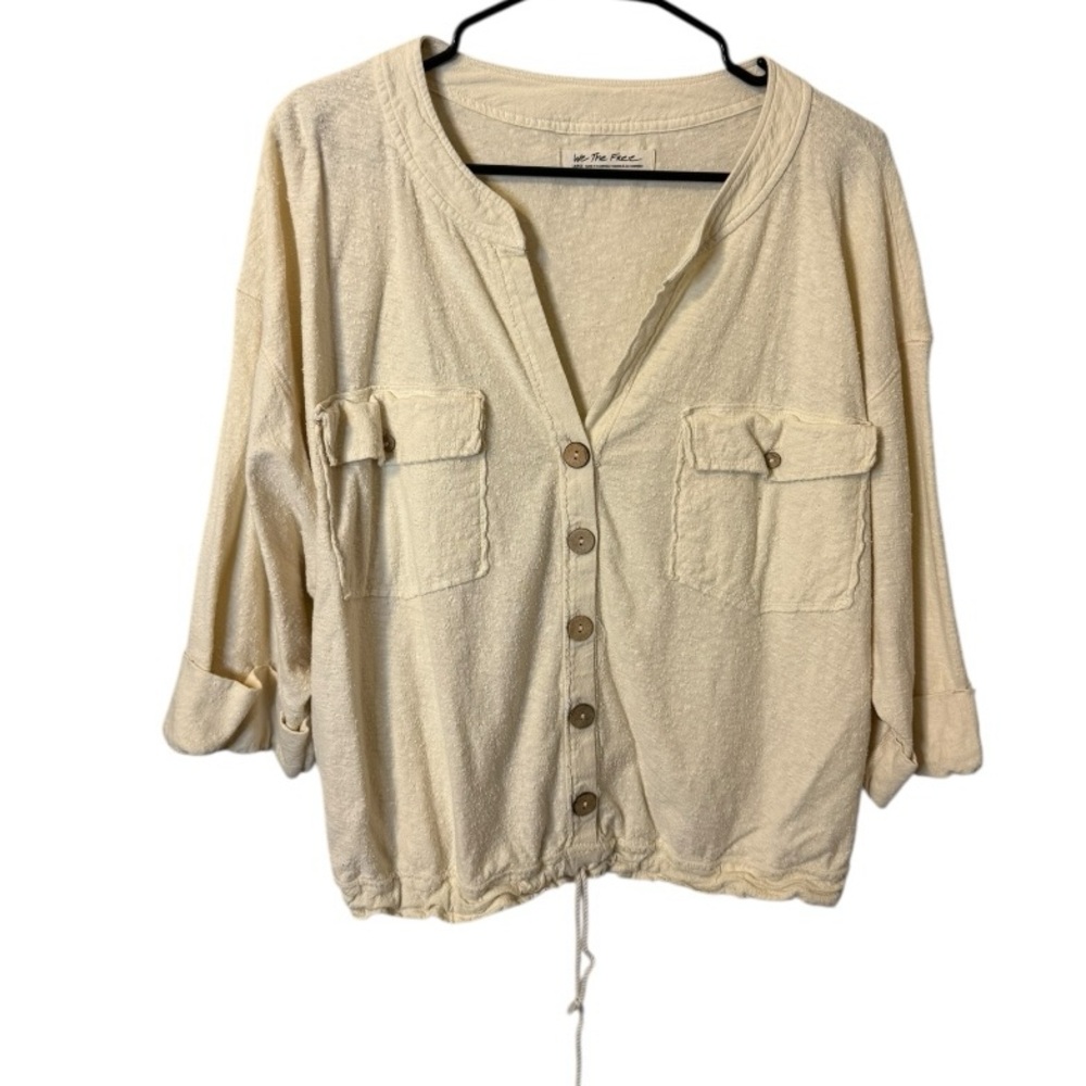 We The Free Linen Button Front 3/4 Sleeve Oversized Blouse Large Ivory - Picture 5 of 8